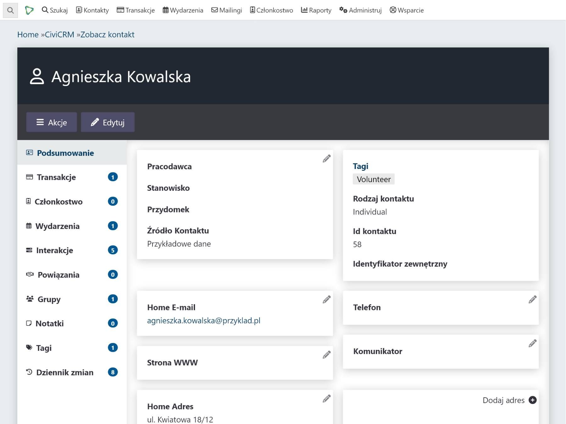 Przykładowy zrzut ekranu CiviCRM