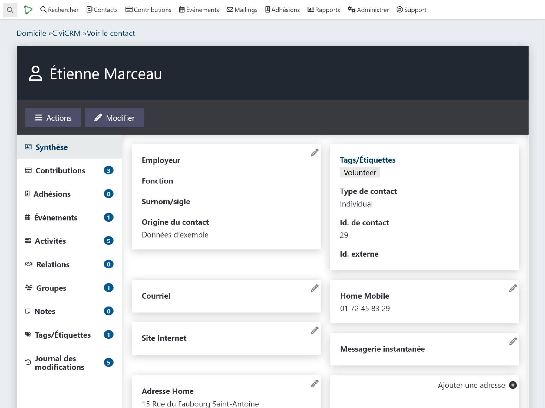 Exemple de capture d'écran de CiviCRM