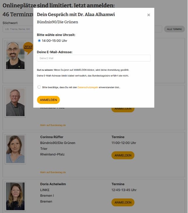 Screenshot Directory with booking option for citizens