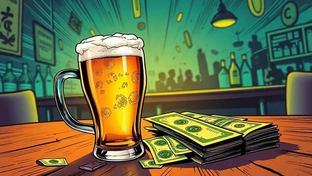 AI generated illustration of a mug of beer on a table with money