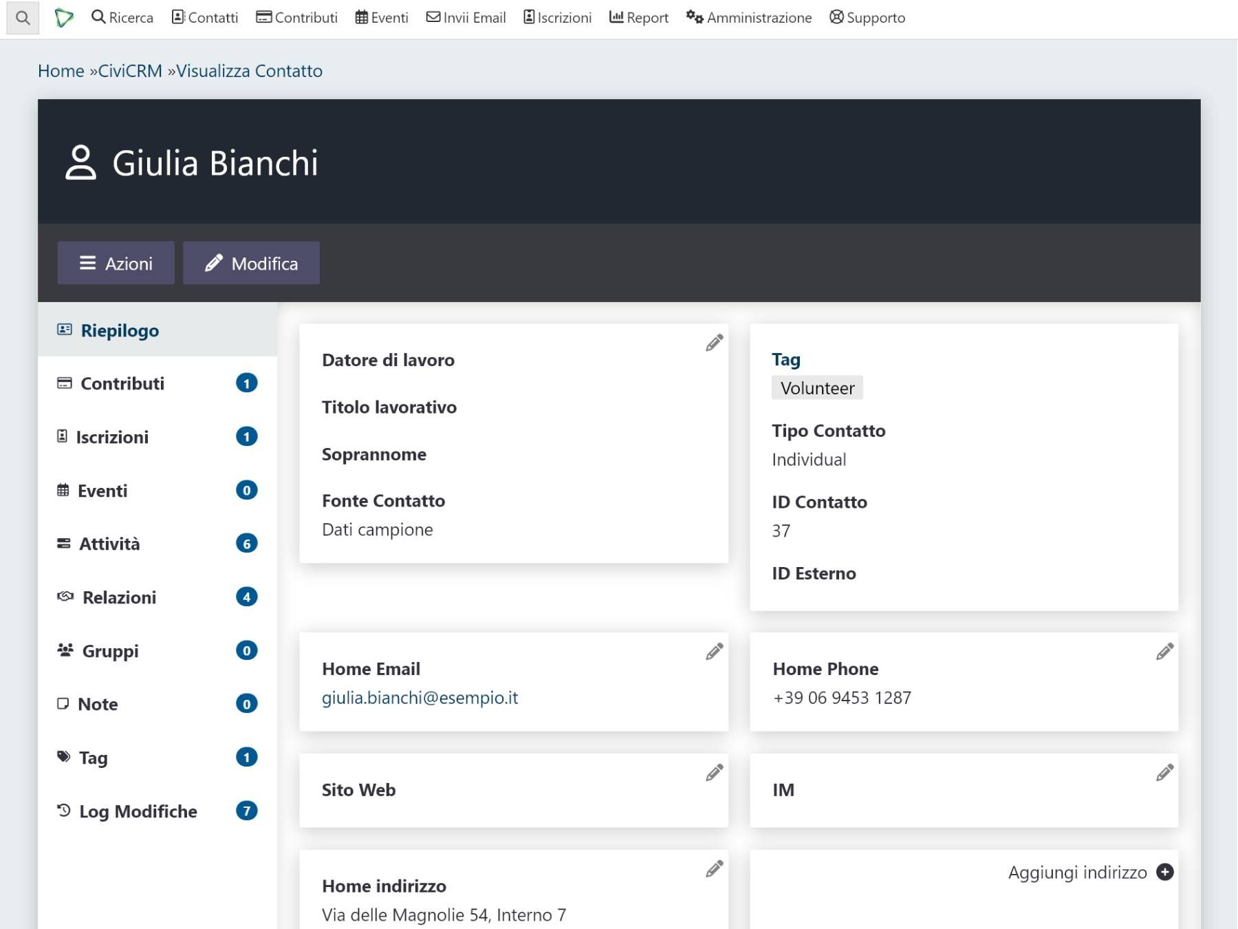 Esempio di screenshot di CiviCRM