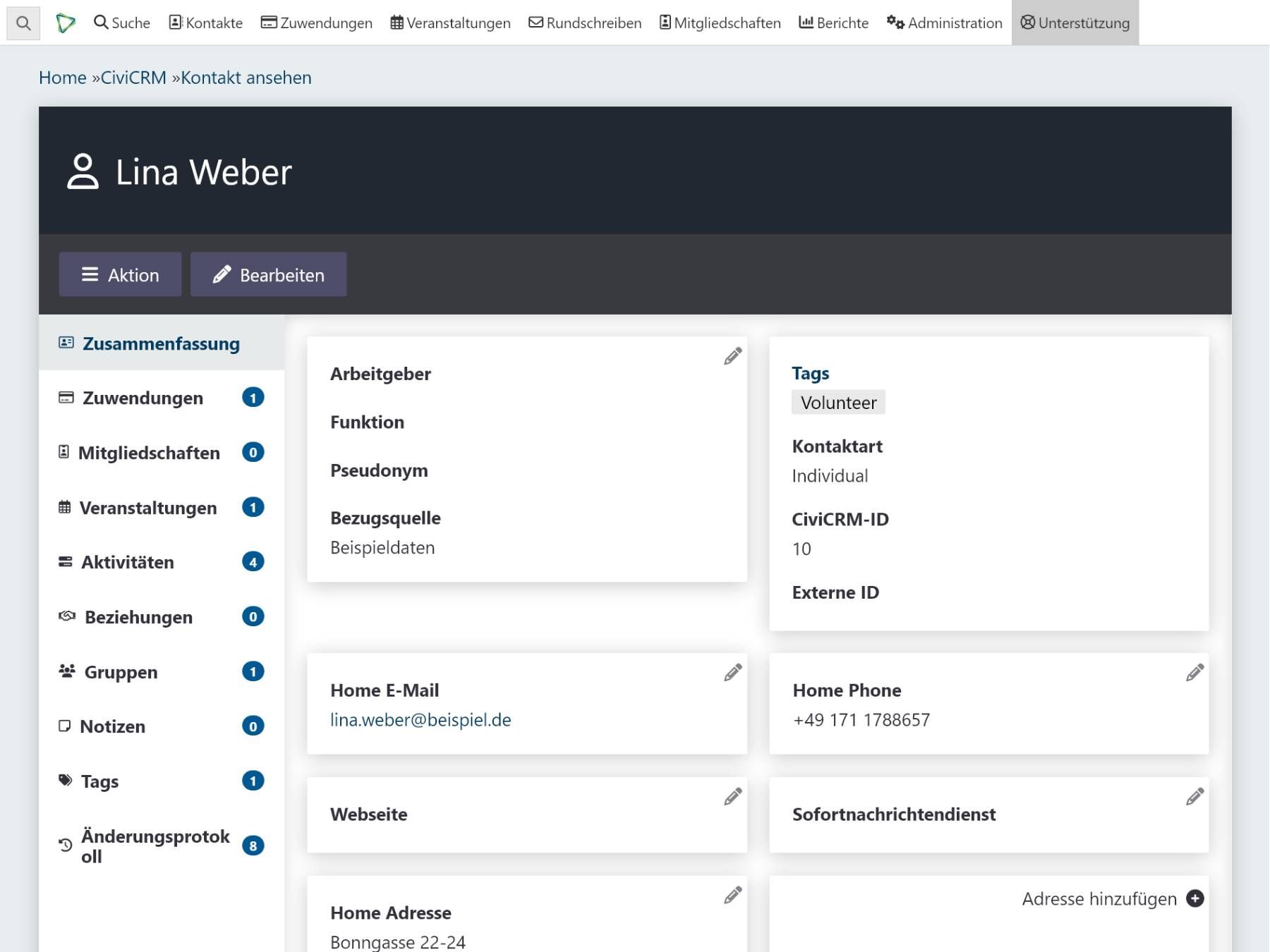 Beispiel-Screenshot von CiviCRM