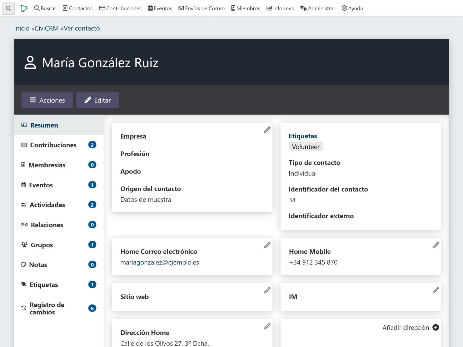 Ejemplo de captura de pantalla de CiviCRM