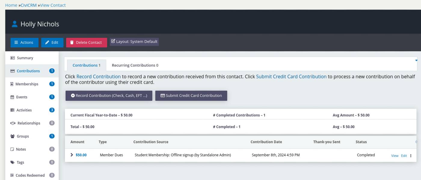 Screenshot for the Contact Management Feature