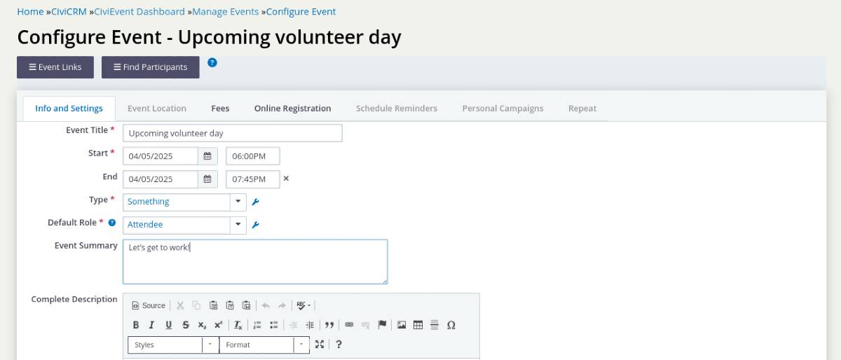 Screenshot für die Eventmanagement-Funktion