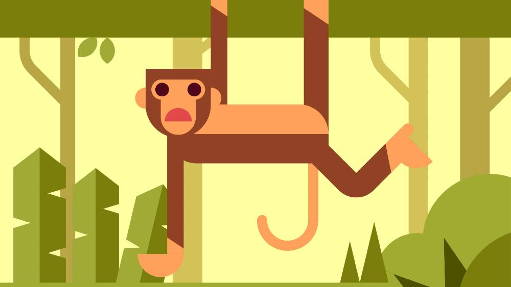 Illustration of a monkey hanging from a branch with a puzzled look on its face