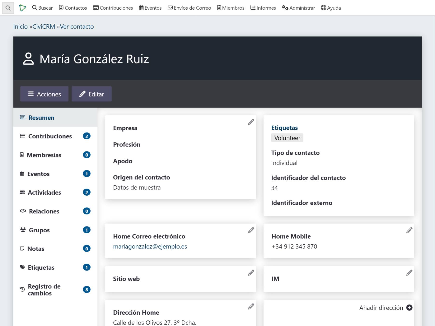 Ejemplo de captura de pantalla de CiviCRM