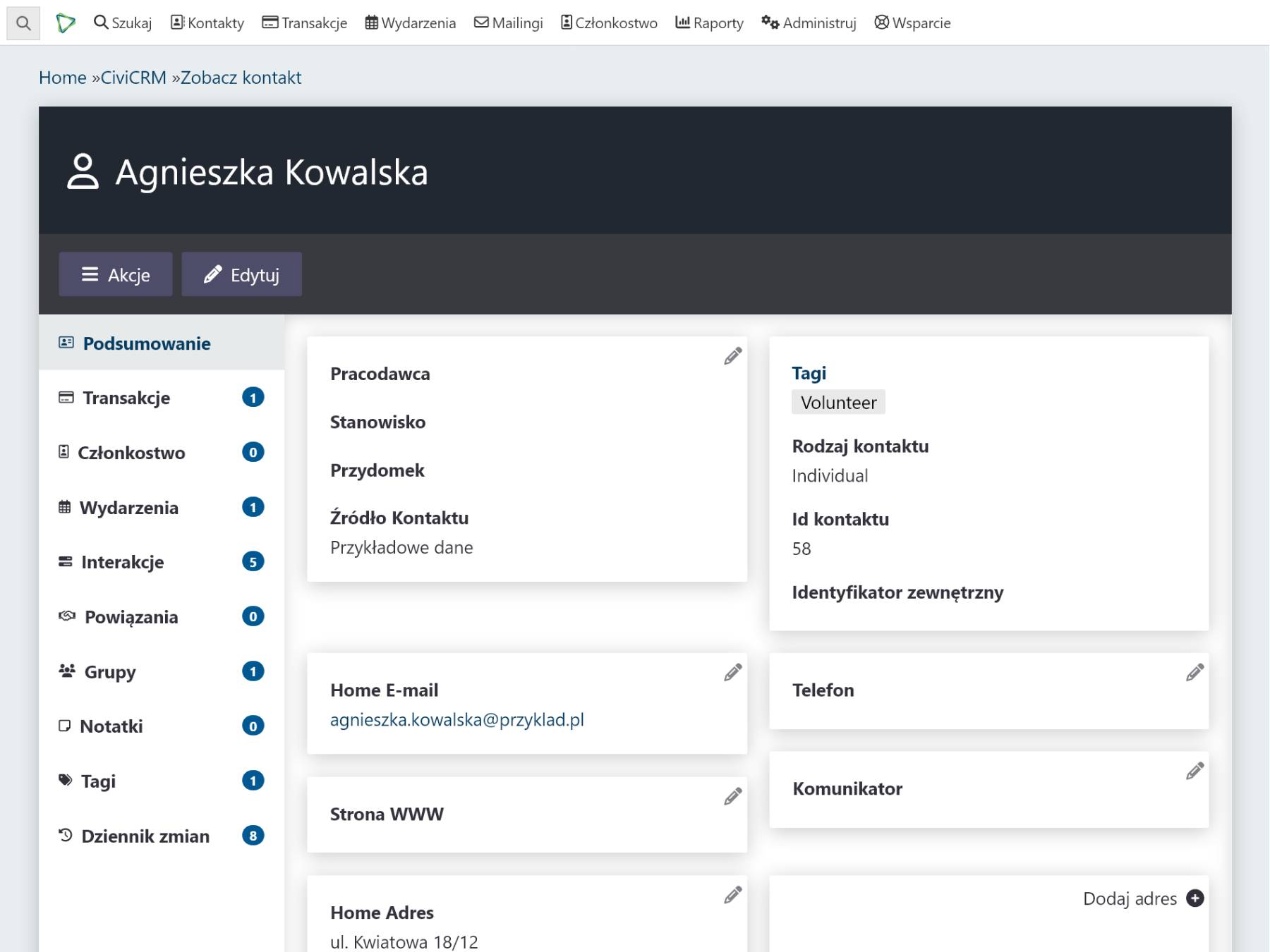 Przykładowy zrzut ekranu CiviCRM