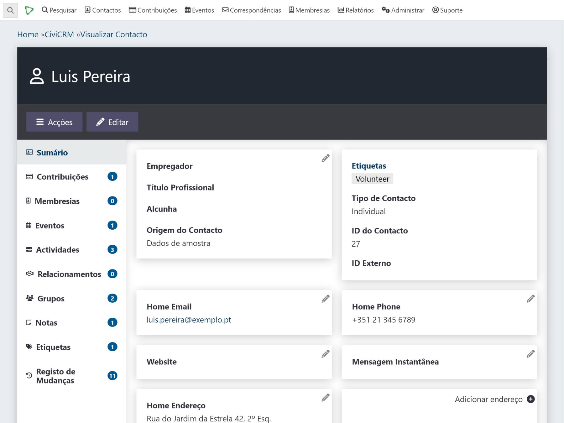 Exemplo de captura de ecrã do CiviCRM